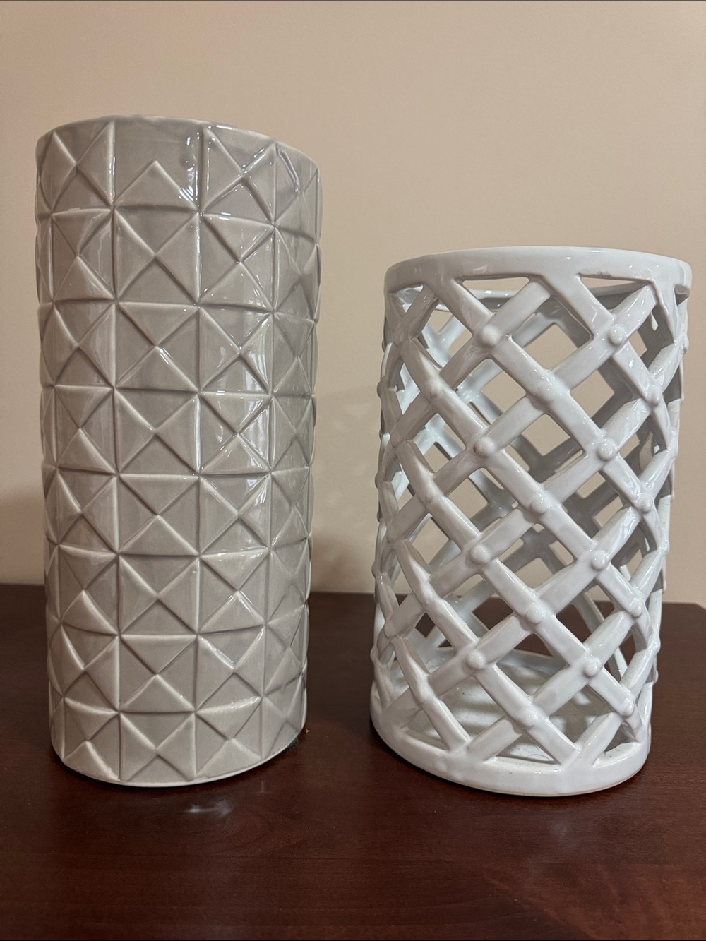 Ceramic Geometric Vase and Lattice Lantern Set - White and Grey